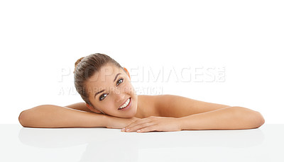 Buy stock photo Skincare, mockup and portrait of happy woman in studio for wellness cosmetics on white background. Space, face and female model with natural beauty, treatment or dermatology, shine and glowing skin