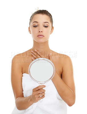 Buy stock photo Face, check and woman with mirror in studio for anti aging, treatment or skincare results on white background. Face, hands and female model with reflection inspection, beauty or after shower routine