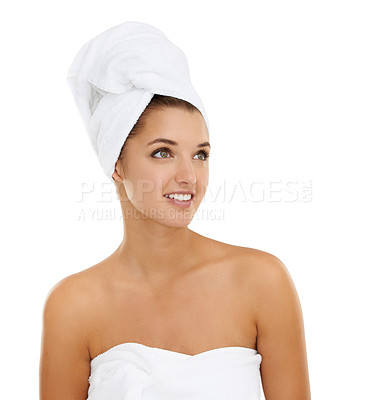 Buy stock photo Towel, thinking and woman in shower for beauty routine, self care treatment or mockup space for dermatology. Ideas, salon and studio person for skincare, glow or wellness on white background