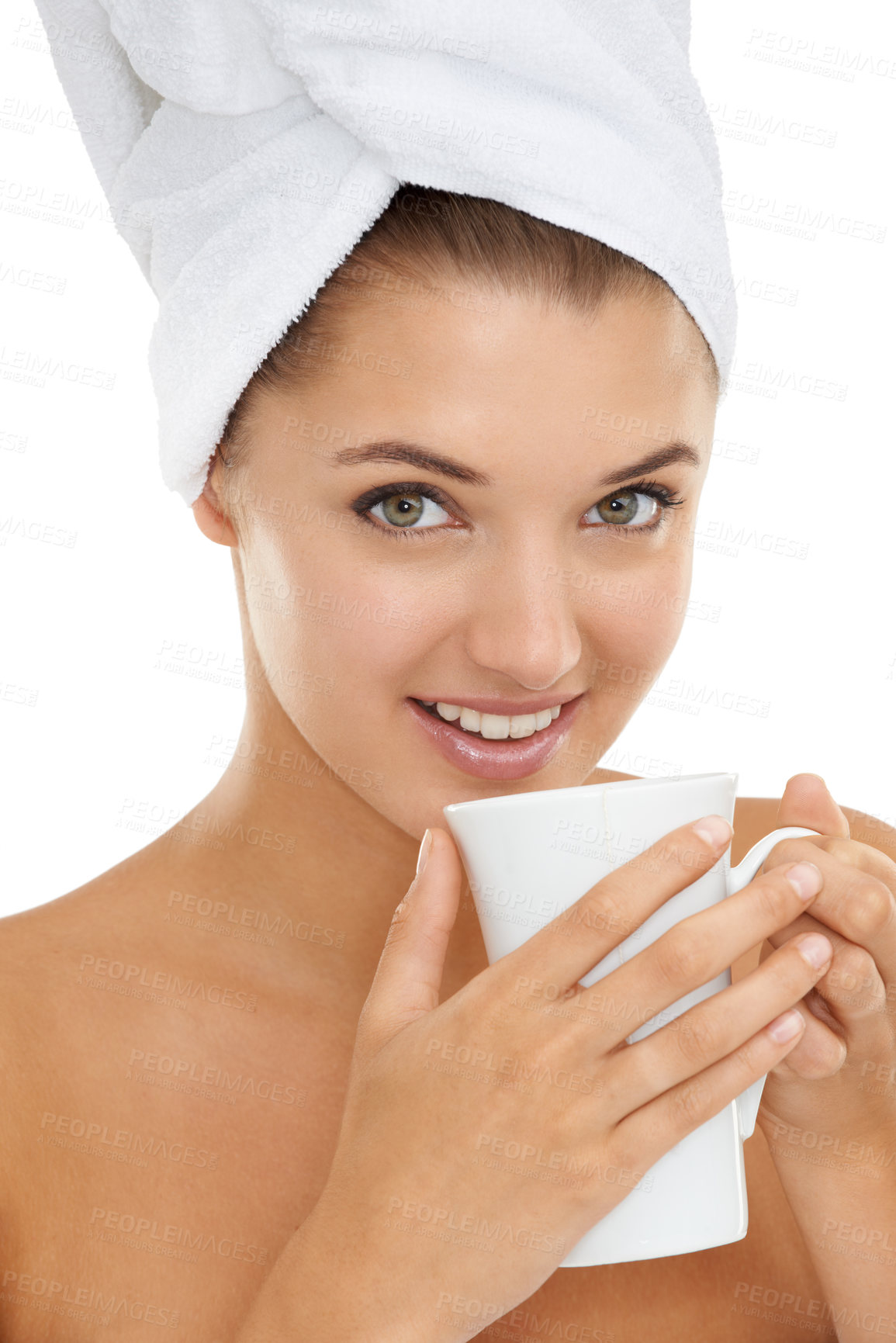 Buy stock photo Skincare, portrait or woman with coffee in studio relax with self care, cleaning or me time on white background. Beauty, face or female model with green tea for detox, wellness or after shower pamper