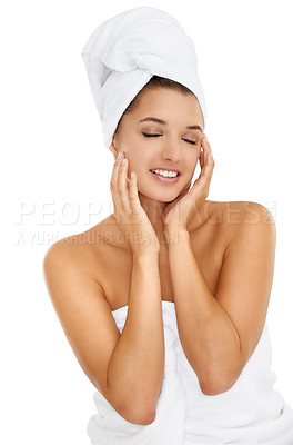 Buy stock photo Towel, beauty studio and relax woman for morning routine, self care treatment or feeling collagen results. Bathroom, eyes closed and girl smile for skincare, hygiene or wellness on white background 