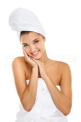 Buy stock photo Towel, skincare portrait and happy woman relax with natural cosmetics, aesthetic makeup and clean skin. Bathroom, salon and model smile for morning self care, hygiene or grooming on white background