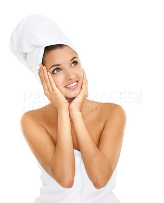 Buy stock photo Towel, happy woman and thinking of skincare, bathroom wash or skin cleaning treatment. Self care, mockup space and person planning beauty, hygiene grooming or studio wellness on white background