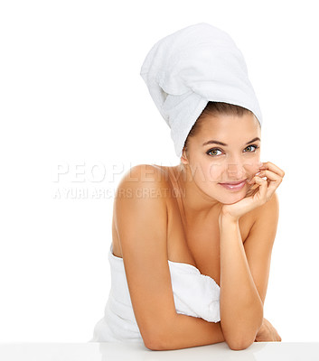 Buy stock photo Towel, cosmetics studio and portrait of happy woman for morning routine, self care treatment or grooming. Washing, table and person smile for skincare, hygiene bath or wellness on white background 