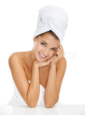 Buy stock photo Happy woman, portrait and towel in studio for shower, body care or wellness routine on white background. Face, beauty or lady model with cosmetic satisfaction, glowing skin or DIY bathroom spa pamper