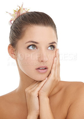 Buy stock photo Thinking, skincare and hands on face of woman in studio with wellness, cosmetics or results on white background. Natural beauty, questions or lady model touching glowing skin, shine or treatment