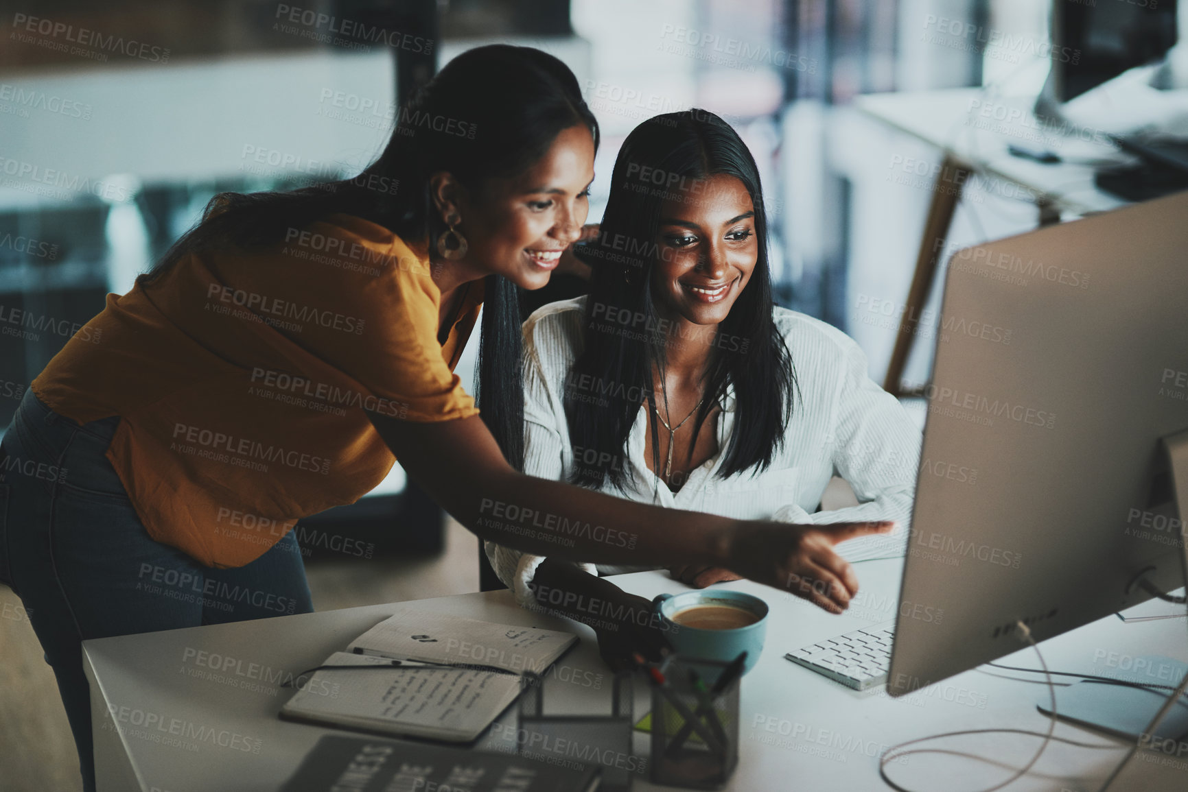 Buy stock photo Business women, computer and collaboration in office for feedback, brainstorming or teamwork. Female people, tech and cooperation in working late, advice and project for corporate pitch or proposal 