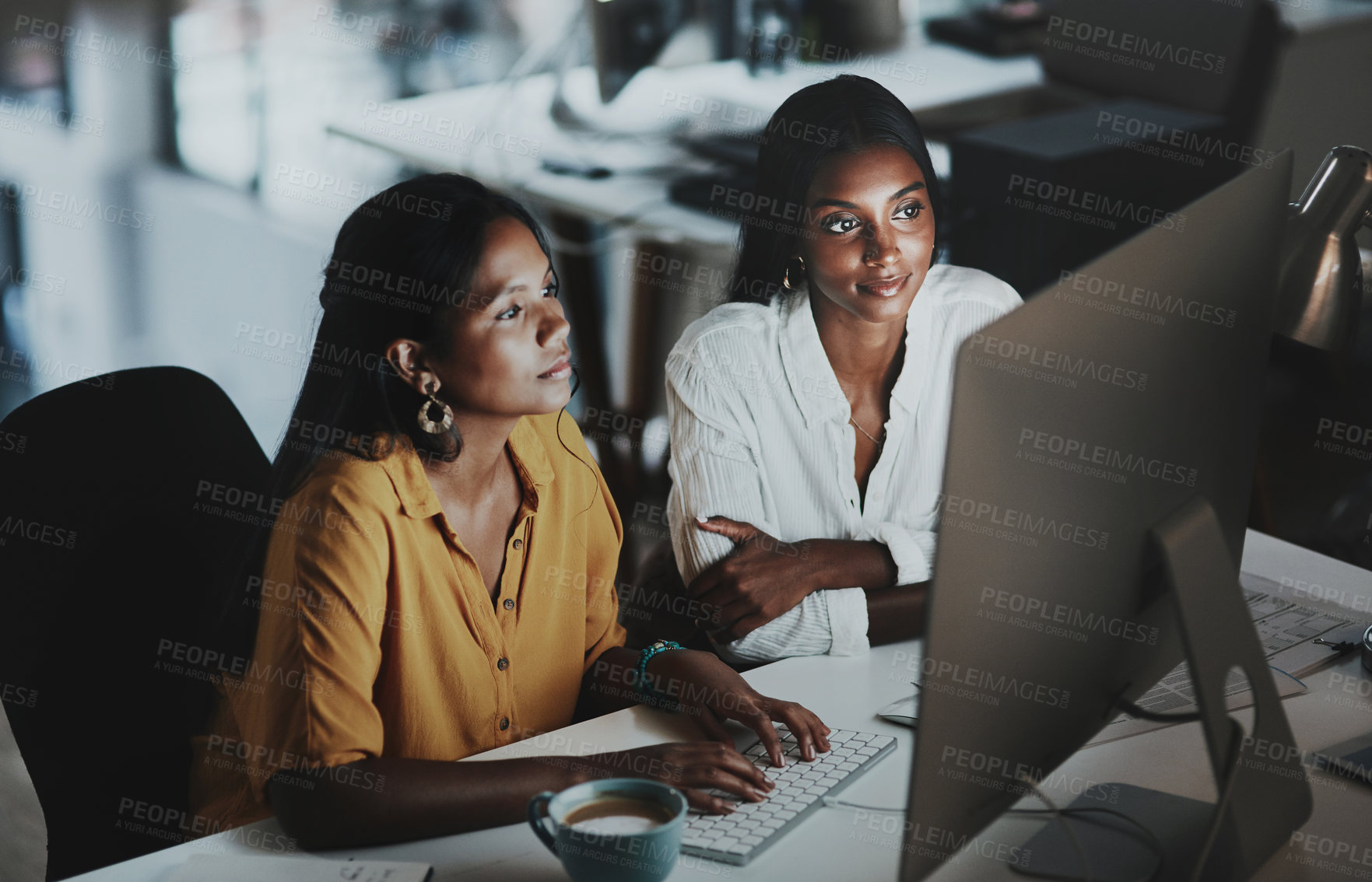 Buy stock photo Business women, computer and typing email with feedback, collaboration and teamwork. Female people, tech and cooperation in working late on project for advice, corporate pitch or proposal in office