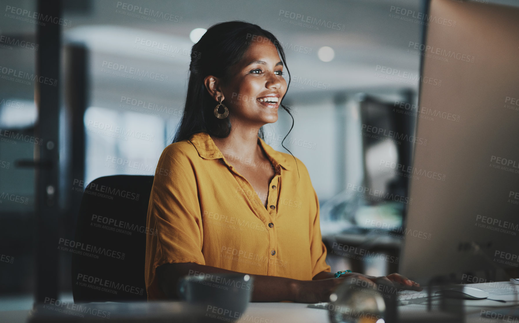 Buy stock photo Night, computer and business woman in office for networking, communication or administration. Auditor, processing clerk and booking report with person in finance agency for system record and feedback