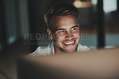 Buy stock photo Night, computer and happy businessman in office for networking, technology or administration. Auditor, processing clerk or booking report with smile in finance agency for system record or feedback