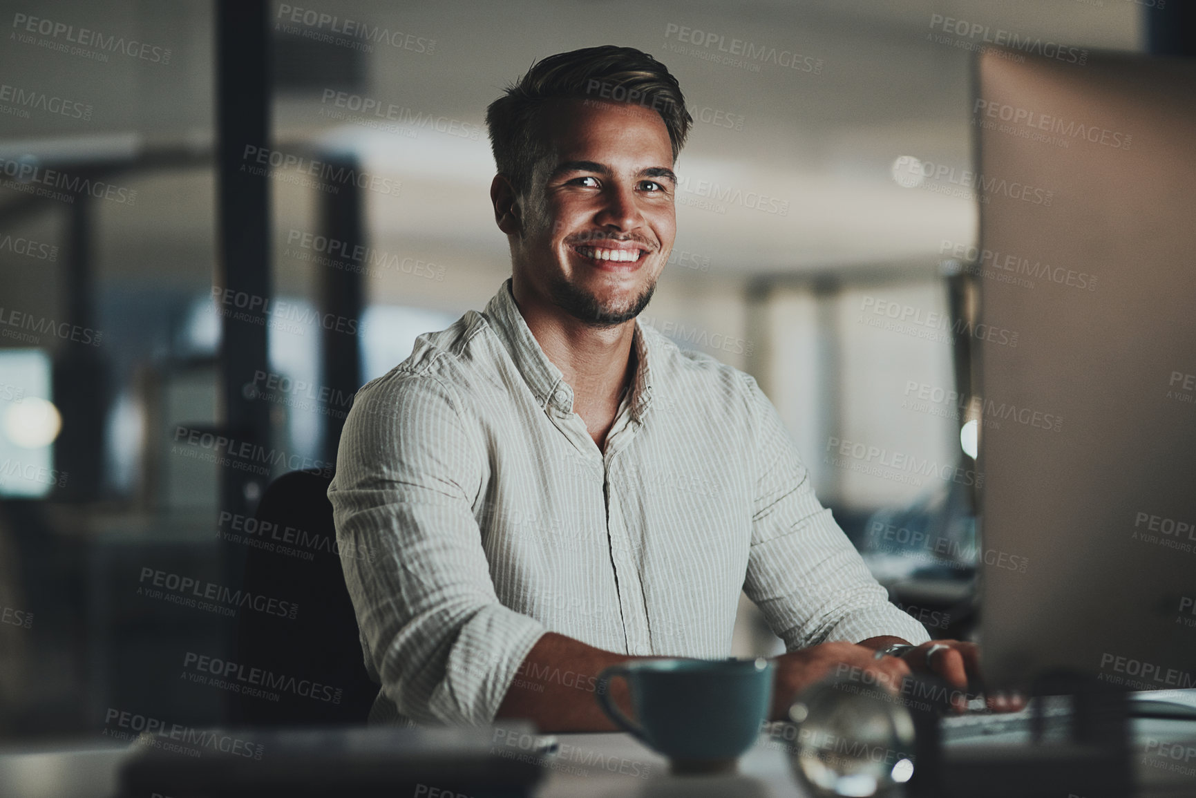 Buy stock photo Night, computer and portrait with man in office for network, communication or administration. Auditor, processing clerk and booking report with person in finance agency for system record and feedback