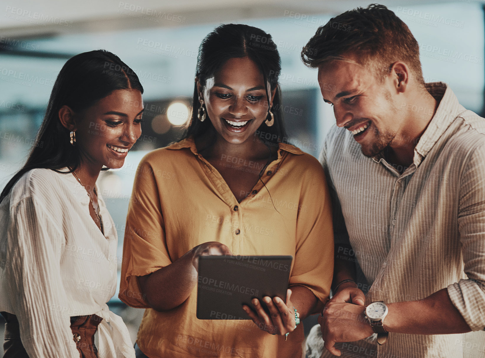 Buy stock photo Business people, night and group with teamwork, tablet and planning for project, deadline and ideas. Evening, employees and coworkers with tech, internet and research with cooperation for proposal