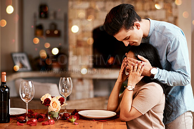 Buy stock photo Love, man cover eyes of woman and wine for celebration, romance and loving together on Valentines day, happiness and excited. Romantic, female and male with surprise, date and happy for relationship