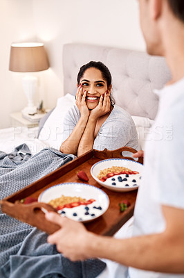 Buy stock photo Breakfast surprise, woman and bedroom of a woman in bed with happiness from food. Happy, smile and excited Indian person with boyfriend feeling gratitude of couple love in a house on birthday