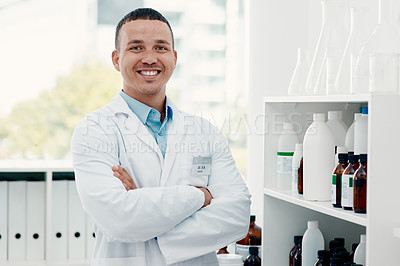 Buy stock photo Healthcare, man and proud of medicine, chemist and specialist with arms crossed, portrait and smile. Pharmacy, confident and person in store with antibiotics, medical and wellness with pills and USA