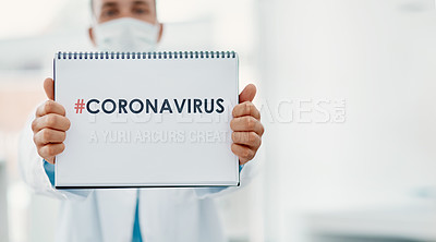 Buy stock photo Man, hands and doctor with poster for coronavirus, pandemic or virus outbreak at hospital. Closeup, medical professional or healthcare employee with sign, alert or message for covid with mockup space