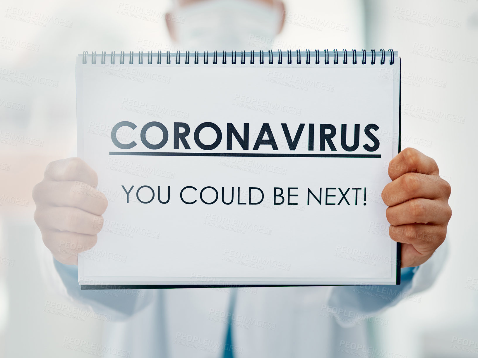 Buy stock photo Person, hands and doctor with sign for coronavirus, pandemic or viral outbreak at hospital. Closeup, medical worker or healthcare employee with poster, alert or message for covid safety or warning