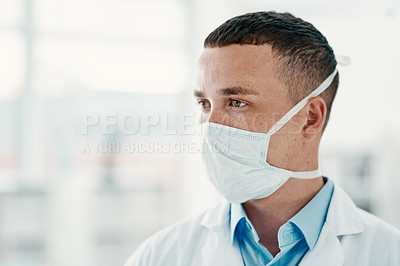 Buy stock photo Healthcare, thinking and man with mask, doctor and ideas for research, science and medical professional. Clinic, contemplating and person in lab, scientist and expert of biotechnology and analysis