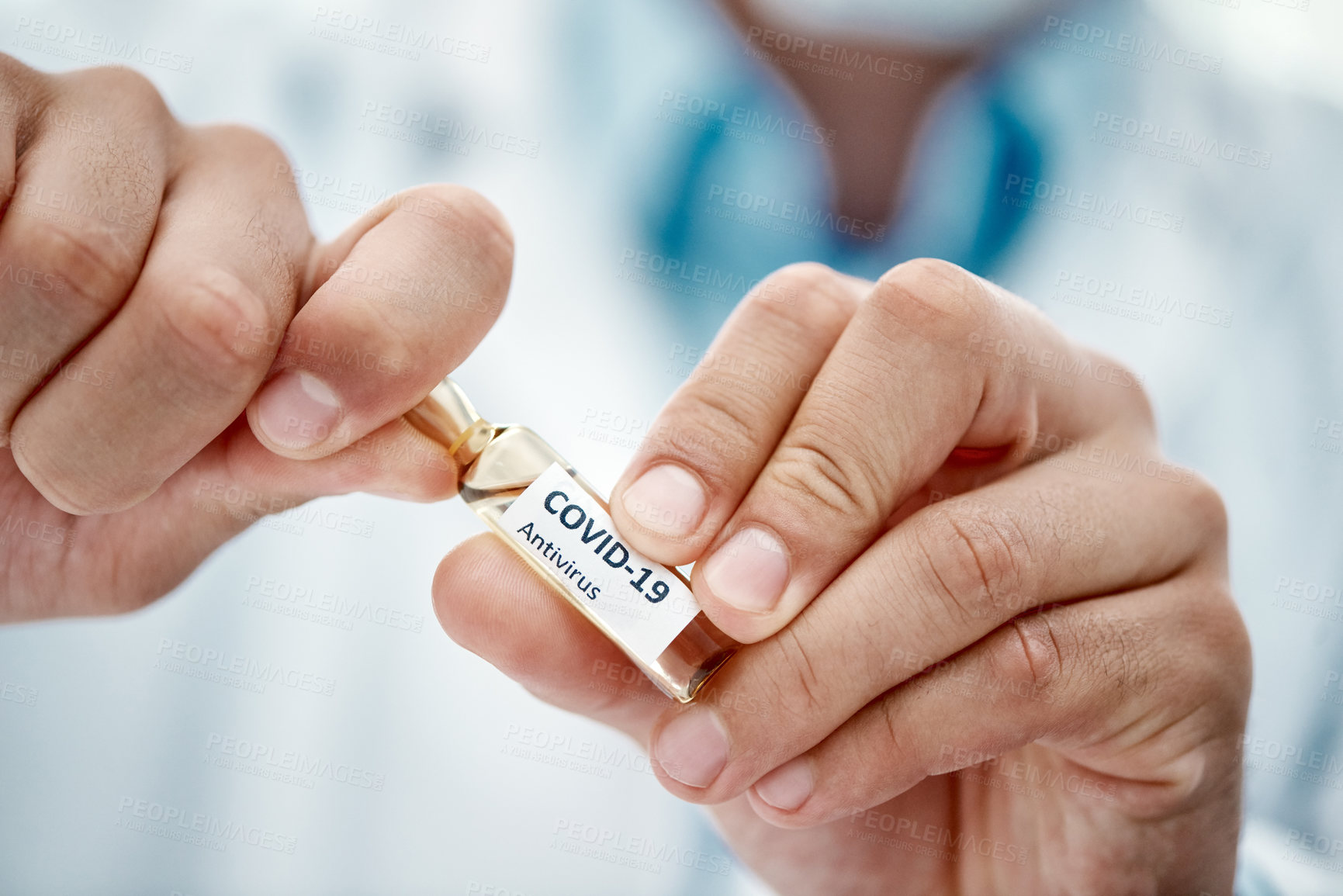 Buy stock photo Covid, open or hands of scientist with vaccine, virus cure and formula research in laboratory. Person, doctor or closeup of medical worker with drugs treatment, science innovation or medicine serum