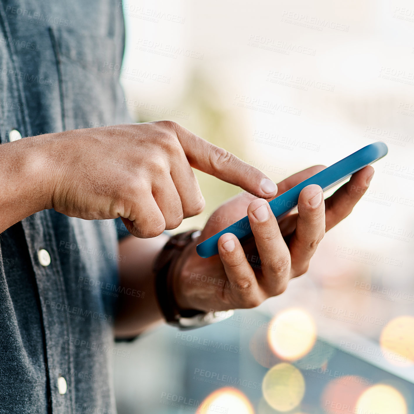 Buy stock photo Hands, man and texting on smartphone with browsing internet or website for online news update. Closeup, male person and message with social media interaction, networking and email communication