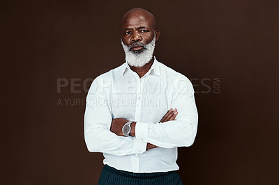 Buy stock photo Portrait, business and mature man with arms crossed, confidence and employee on brown studio background. Model. African person and professional with pride, career ambition and corporate with investor