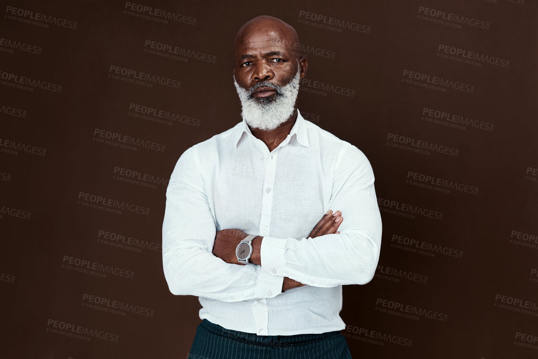 Buy stock photo Portrait, business and mature man with arms crossed, confidence and employee on brown studio background. Model. African person and professional with pride, career ambition and corporate with investor