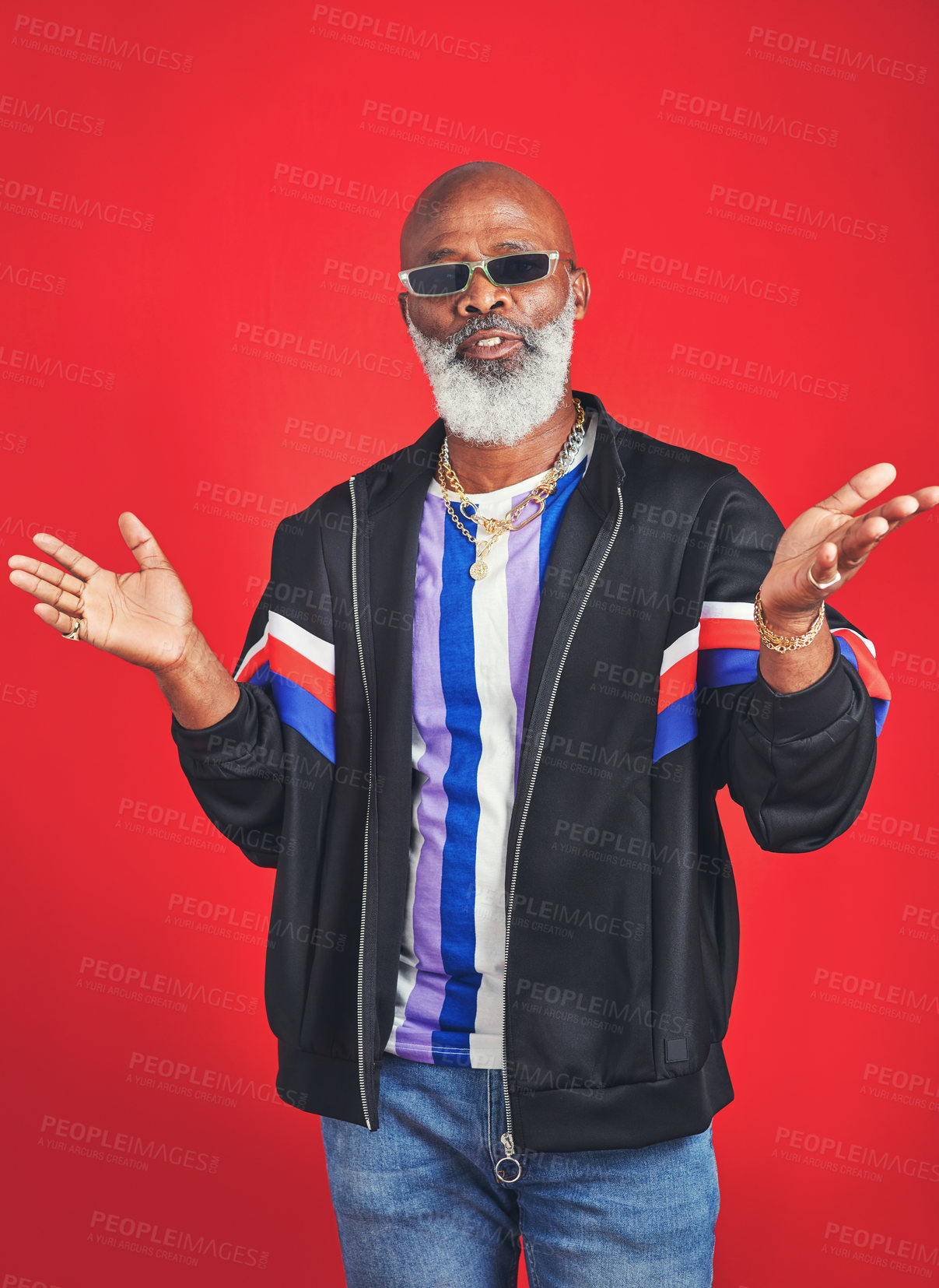 Buy stock photo Mature man, fashion and fun in vintage wear for trendy outfit, casual or pride on red background. Male person, African and accessory for cool, clothes and style with confidence or sunglasses in Kenya