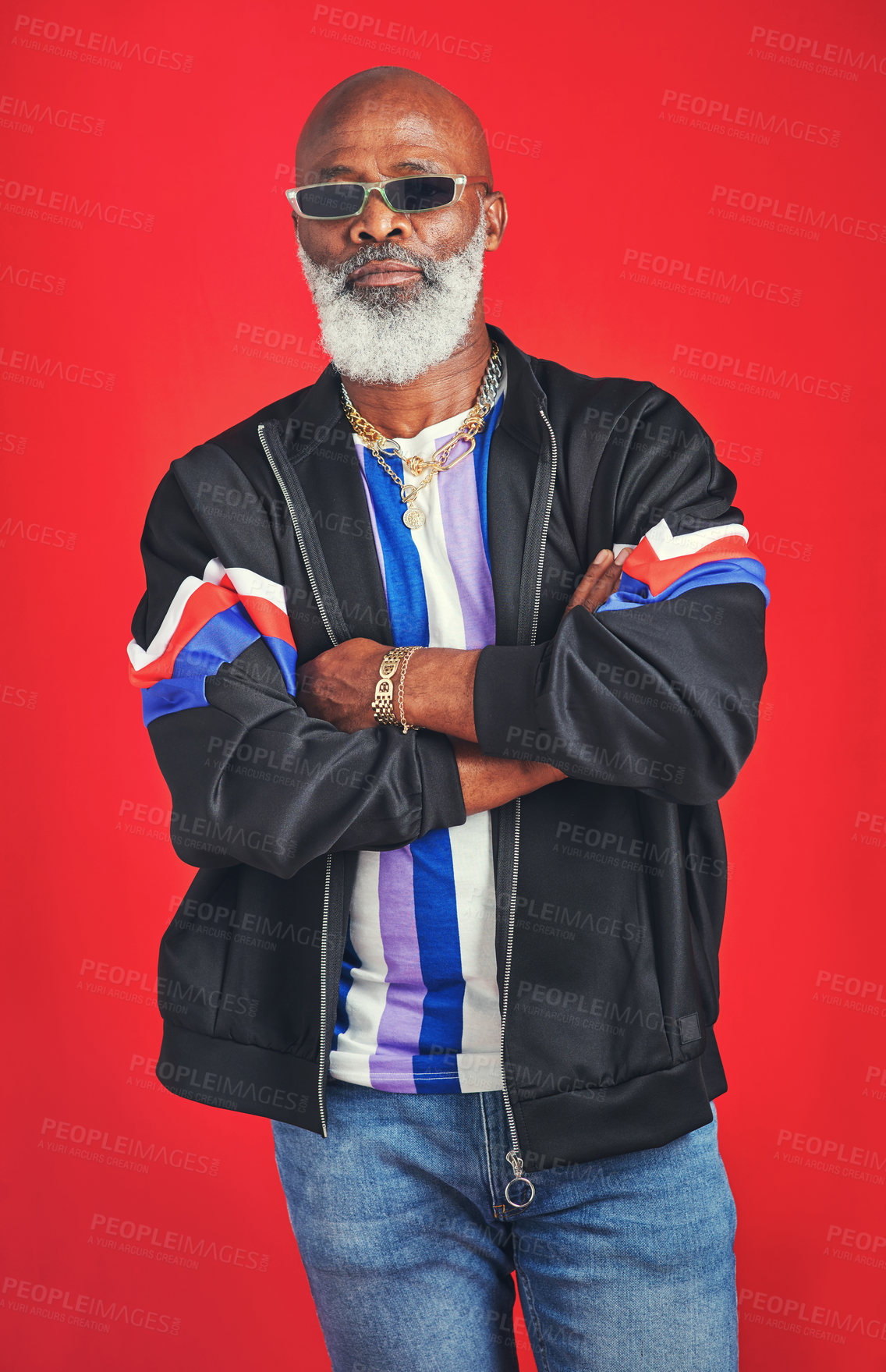 Buy stock photo African man, fashion and attitude in portrait for trendy outfit, casual or pride on red background. Male person, mature and accessory for cool, clothes or style with confidence or sunglasses in Kenya