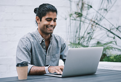 Buy stock photo Employee, man and happy at cafe on laptop with coffee for research with creative ideas as website designer. Business, male person and smile for remote work with browsing internet as freelancer