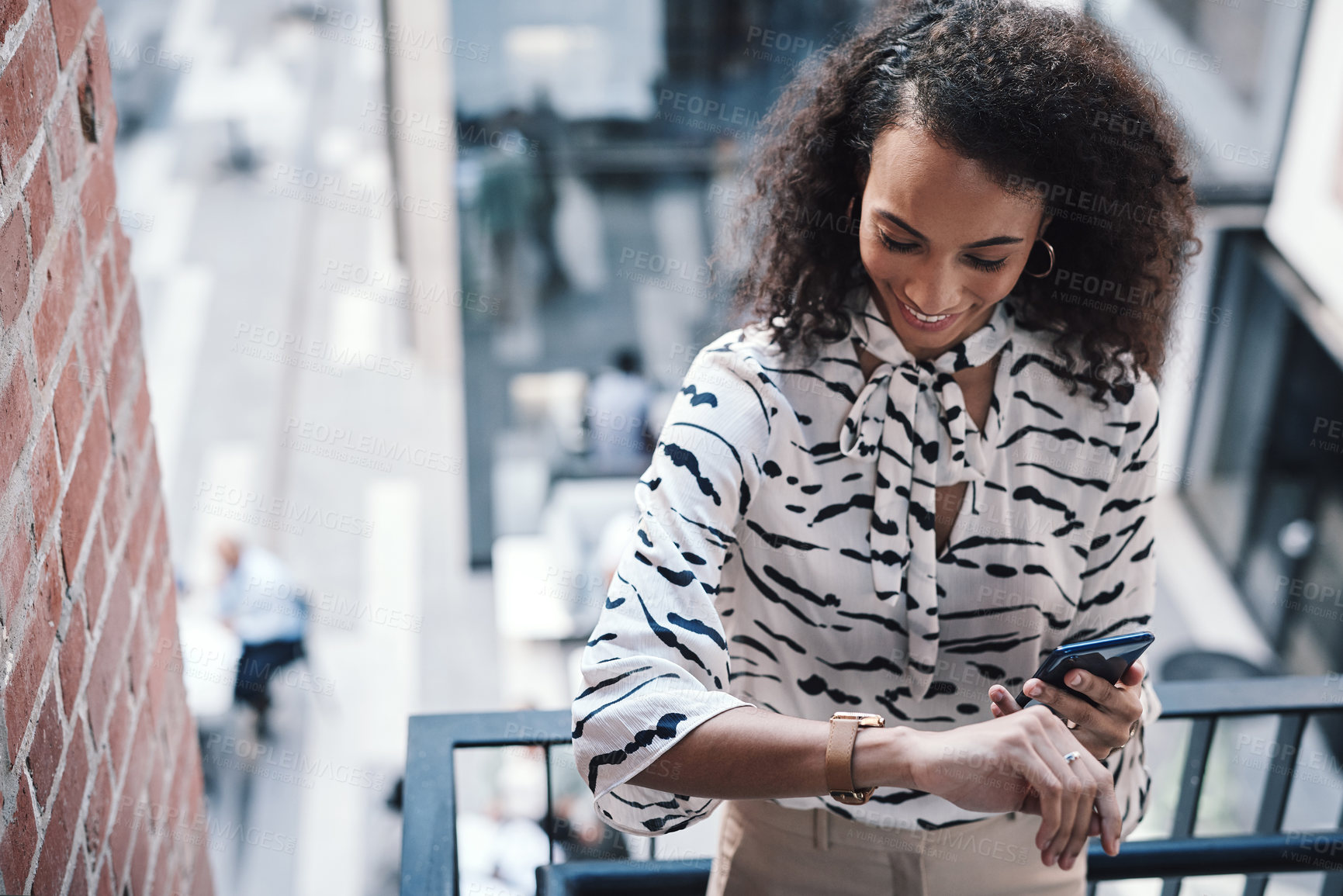 Buy stock photo Time, phone and business woman in city for communication, appointment and contact. Portfolio manager, finance consultant and client feedback with person for networking, mobile and technology