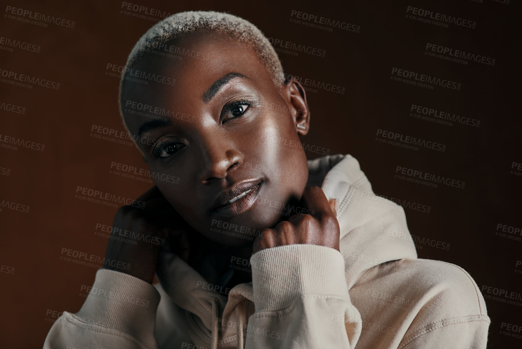 Buy stock photo Black woman, hoodie and fitness in studio portrait for training, sportswear and smile by background. Person, model and edgy style with jacket, streetwear and athleisure fashion for winter in Nigeria