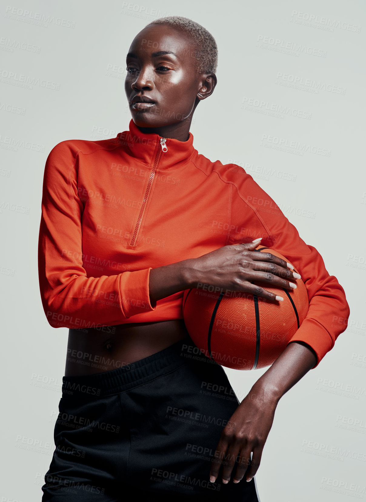 Buy stock photo Sports, thinking and serious black woman with basketball for fitness, pride and practice for game. African person, athlete and confidence by studio background for training, workout and exercise