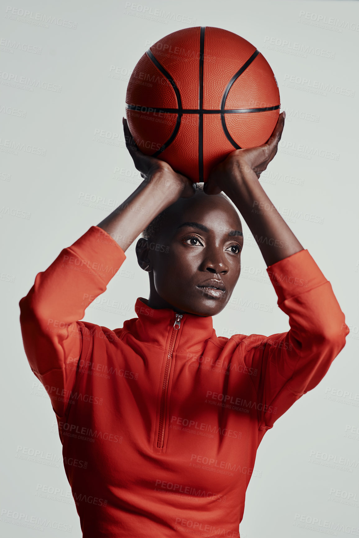 Buy stock photo African woman, studio and fitness with basketball for competition, pride and practice for game. Black person, thinking and serious confidence by gray background for exercise, training and workout