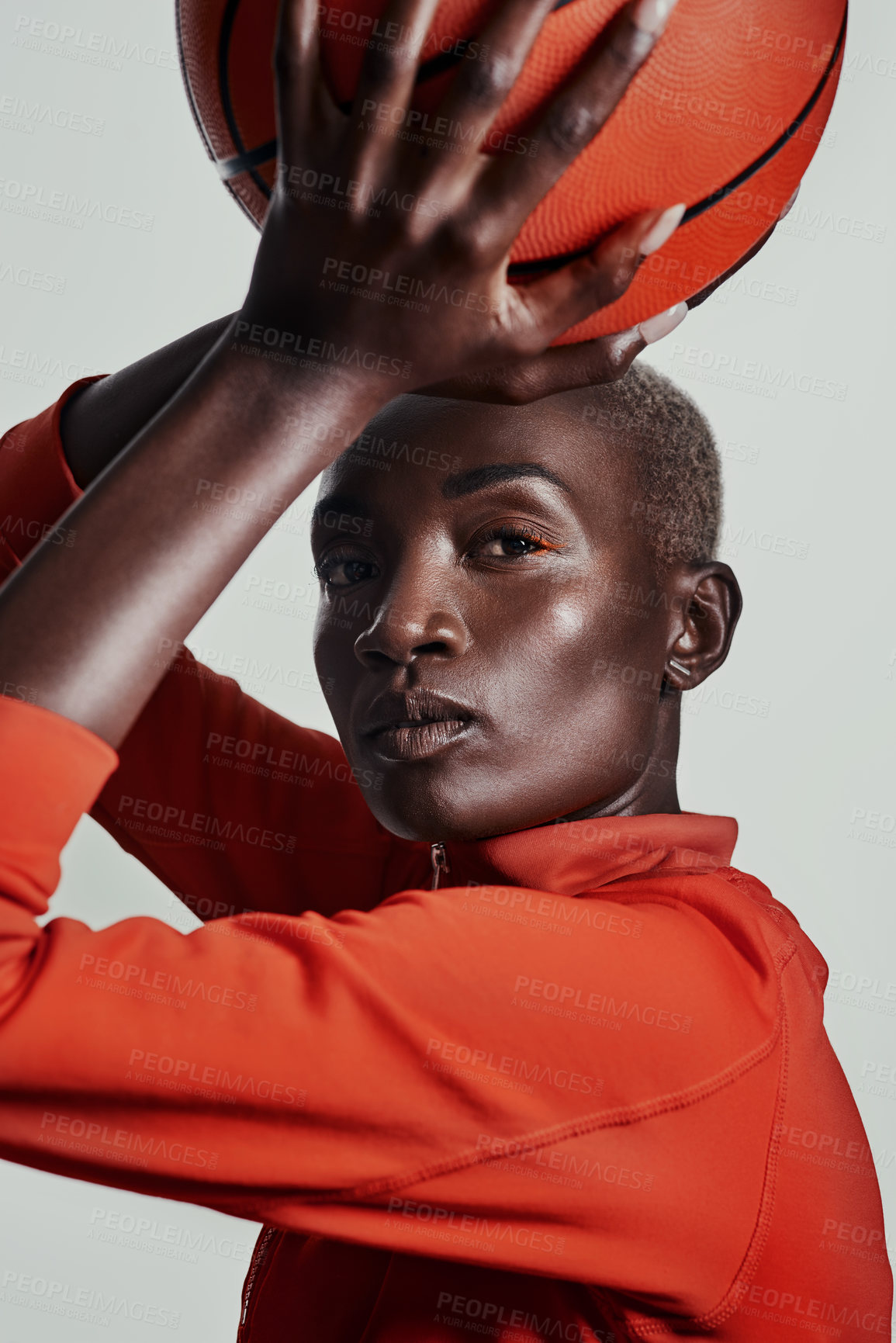 Buy stock photo Exercise, confidence and portrait of black woman with basketball for sports, pride and practice for game. African person, challenge and serious by studio background for workout, fitness and training