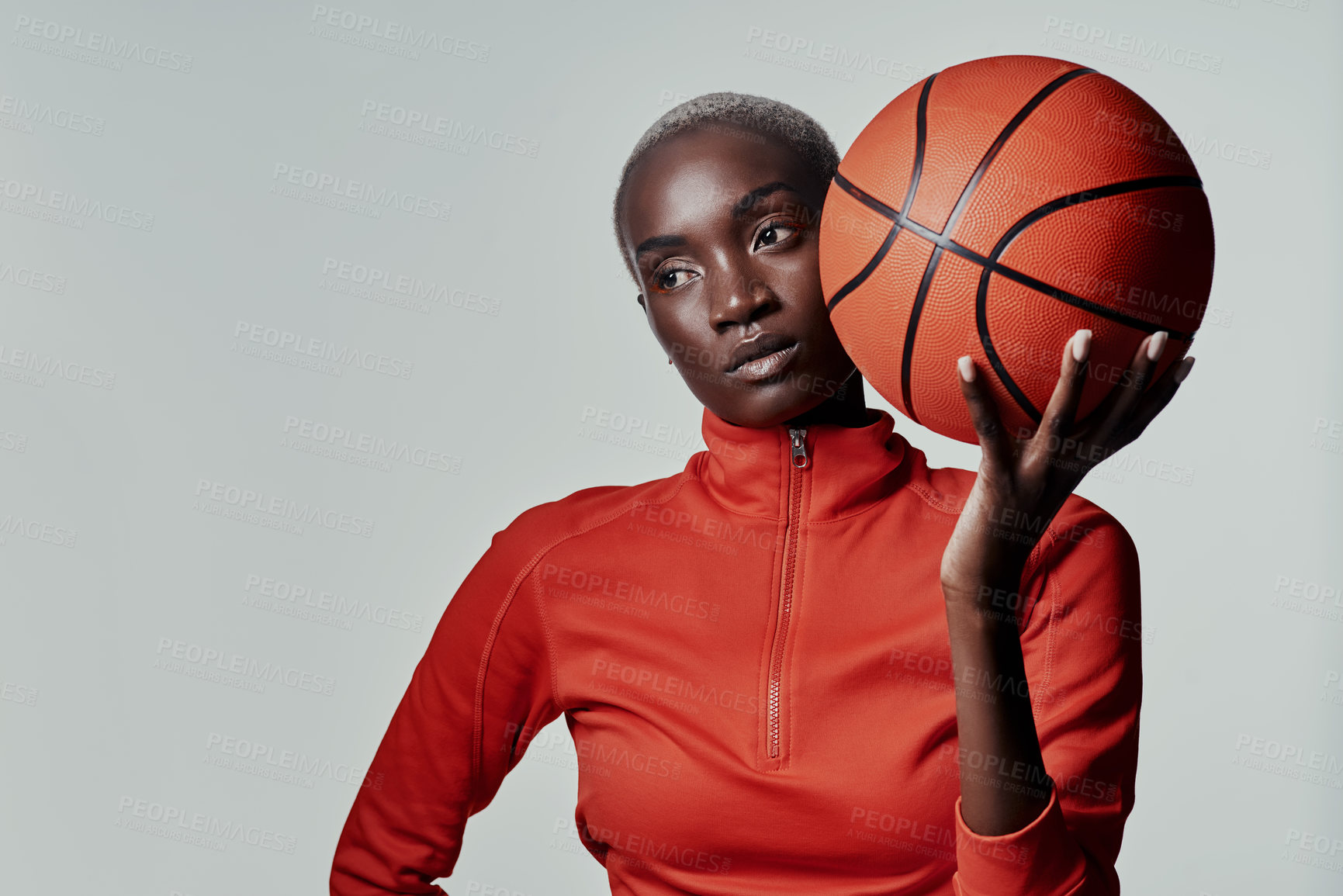 Buy stock photo Basketball, sports and mockup with black woman in studio for championship league, talent and training. Competition, mvp athlete and challenge with person on white background for game and fitness