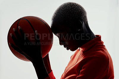 Buy stock photo Basketball, fitness and profile with black woman in studio for championship league, talent and training. Competition, mvp athlete and challenge with person on white background for game and sports