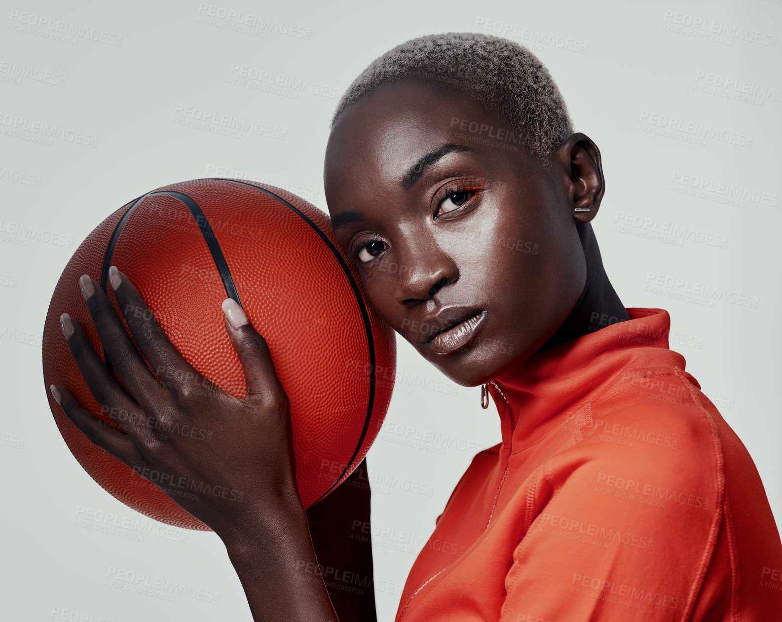 Buy stock photo Basketball, talent and portrait with black woman in studio for championship league, sports and training. Competition, mvp athlete and challenge with person on white background for game and fitness