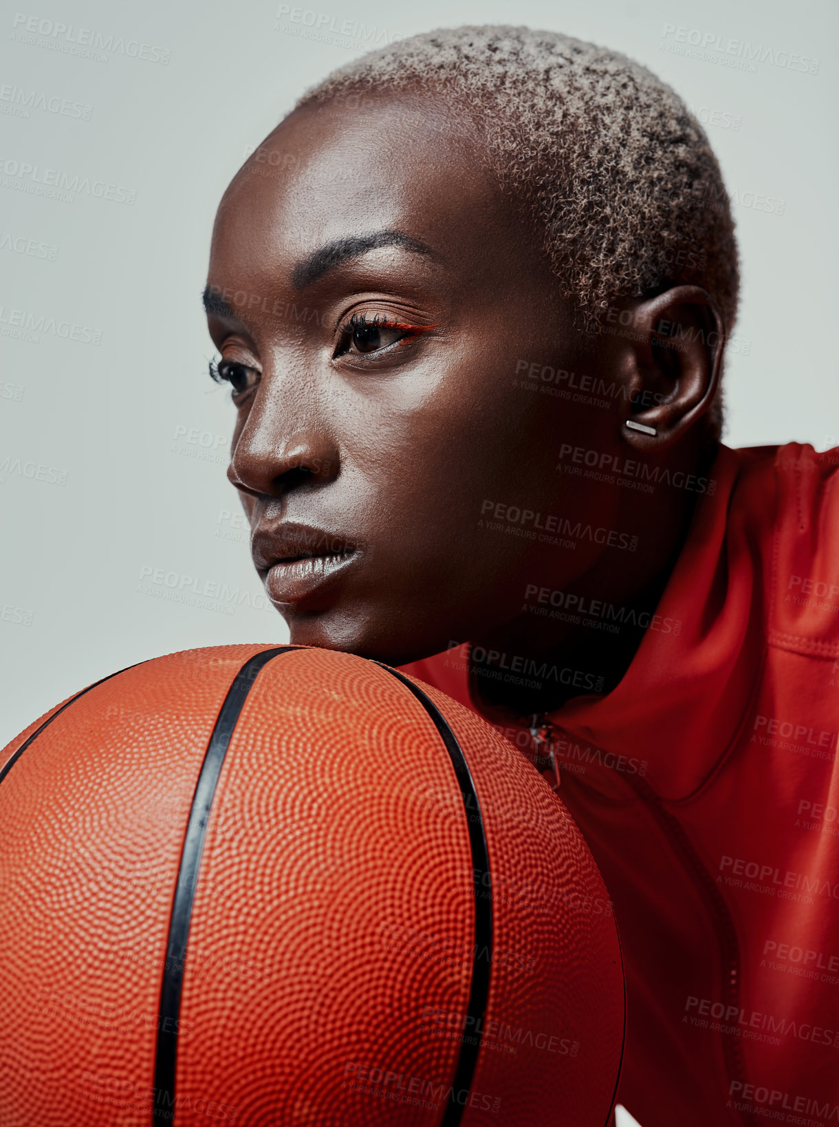 Buy stock photo Studio, black woman and thinking with basketball for game, balance and break after competition match. Fitness, female person or player with sports for practice, planning and skill by white background