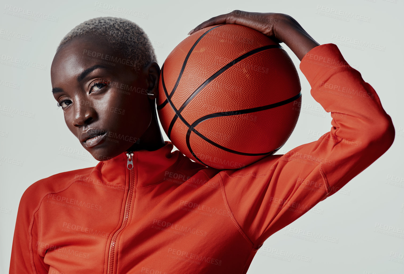 Buy stock photo Studio, black woman and portrait with basketball for playing, balance and skills for game competition. Fitness, female person or player with ideas for practice, training and sport by white background