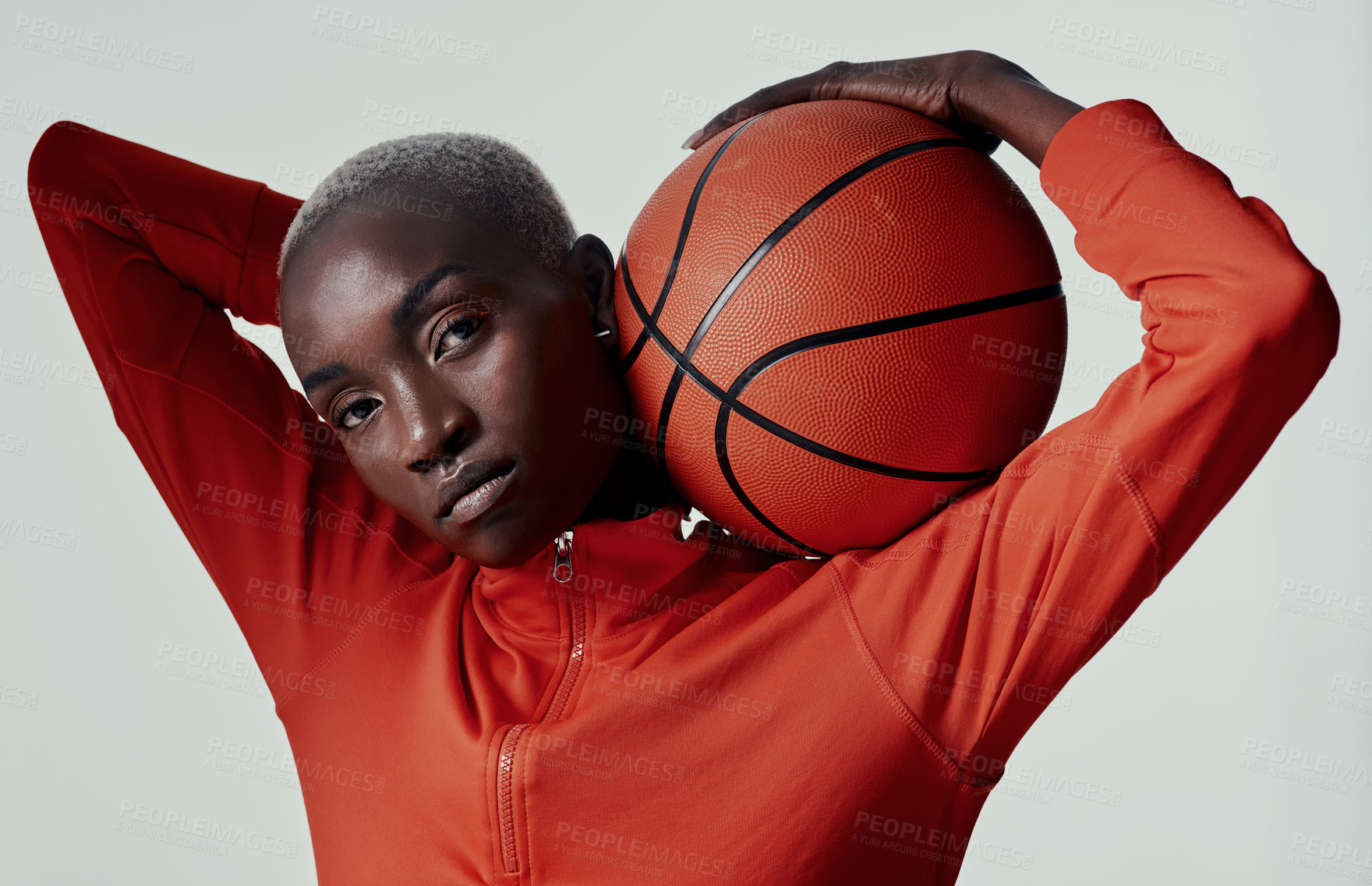 Buy stock photo Studio, black woman and portrait with basketball for holding, balance and skills for game competition. Fitness, female person or player with ideas for practice, training and sport by white background