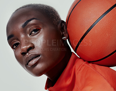 Buy stock photo Basketball, sports and model with portrait of black woman in studio for championship league, talent and training. Competition, mvp athlete and challenge with person on white background for fitness