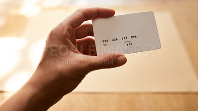 Buy stock photo Person, hands or credit card with expiration date for payment, transaction or valid numbers at retail store. Closeup, shopper or customer with debit, digits or expiry for banking, buying or ecommerce