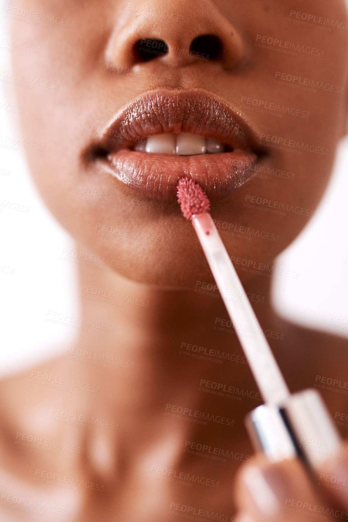 Buy stock photo Woman, lip gloss and mouth closeup in studio, skincare and tool for moisturizing on white background. Female person, cosmetics and treatment for hydration or shine, luxury beauty and dermatology