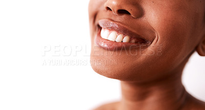 Buy stock photo Woman, mouth and dental smile in studio, cleaning results and orthodontics on white background. Female person, mockup space and whitening treatment for teeth, oral hygiene and confident healthcare