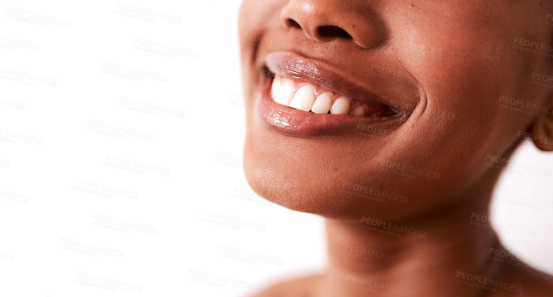 Buy stock photo Woman, mouth and dental smile in studio, cleaning results and orthodontics on white background. Female person, mockup space and whitening treatment for teeth, oral hygiene and confident healthcare