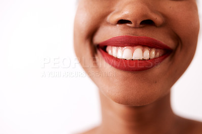 Buy stock photo Studio shot of an unrecognizable woman wearing red lipstick against a white background