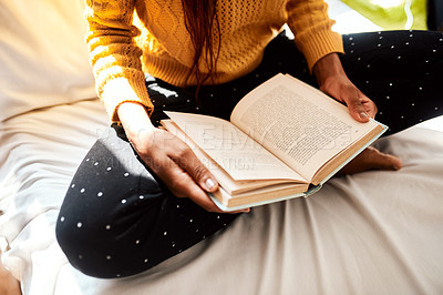 Buy stock photo Girl, legs and reading book in home, relax and literature novel for entertainment on weekend. Woman, morning peace and bed for fiction or knowledge, calm person and pages for information to learn