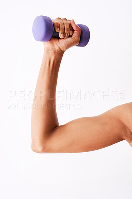 Buy stock photo Person, hands and weightlifting with dumbbell in studio for workout, exercise or muscle gain on a white background. Closeup, active or athlete with arm for fitness, strength training or bicep curl