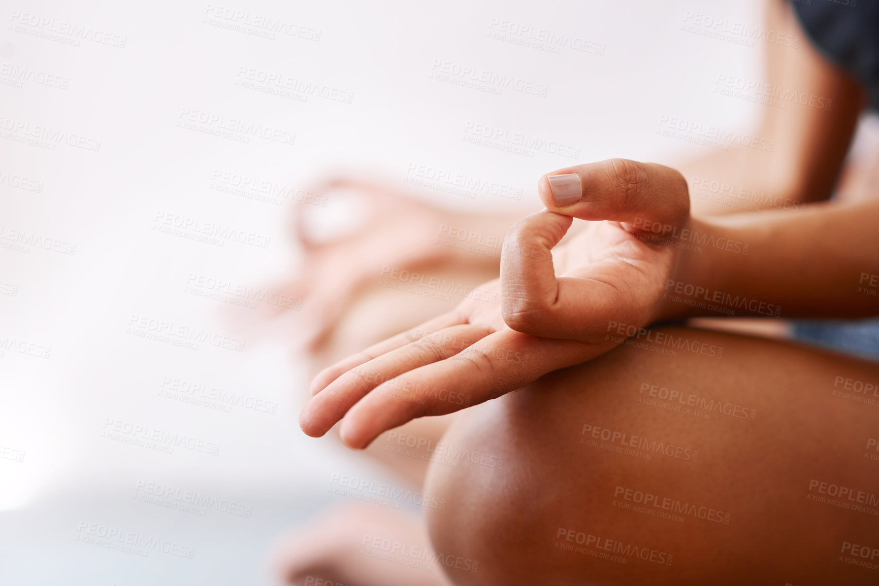 Buy stock photo Woman, hands and meditation with inner peace for mindfulness, health or zen on floor in studio. Closeup, female person or yogi with mantra, mudra or lotus for spiritual ritual, wellness or yoga