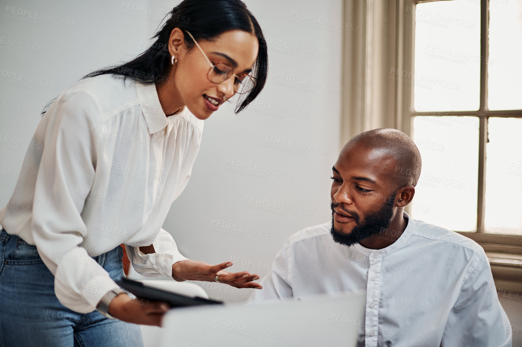 Buy stock photo Woman, man and tablet at startup for training, brainstorming and coaching in meeting for career growth. Business people, workshop and listen with app for progress team or diversity at creative agency